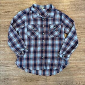 Democracy plaid shirt “shacket ” size small button up front pockets frayed hem